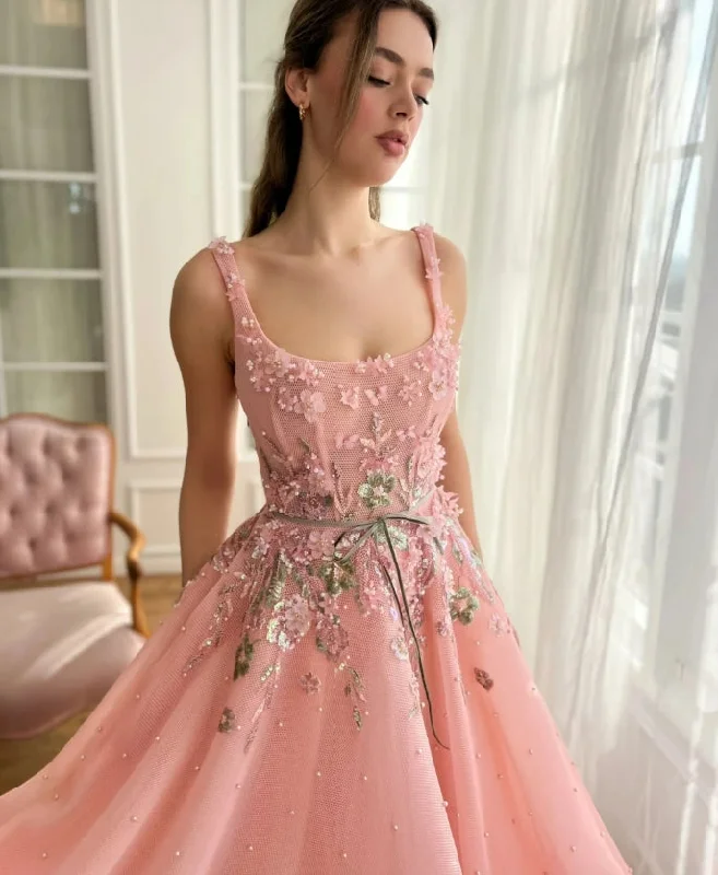 Flash Sale Online Rose Pink Evening Dress Fashion Pearls Flowers A Line Special Occasions Square Neck Customized Women Party Prom Gown Zipper Back Flash Sale Online Rose Pink Evening Dress Fashion Pearls Flowers A Line Special Occasions Square Neck Customized Women Party Prom Gown Zipper Back