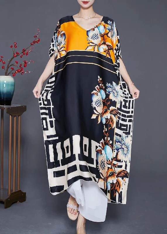Refresh Your Wardrobe With Our Fashion Deals Bohemian Black Oversized Print Silk Robe Dresses Batwing Sleeve