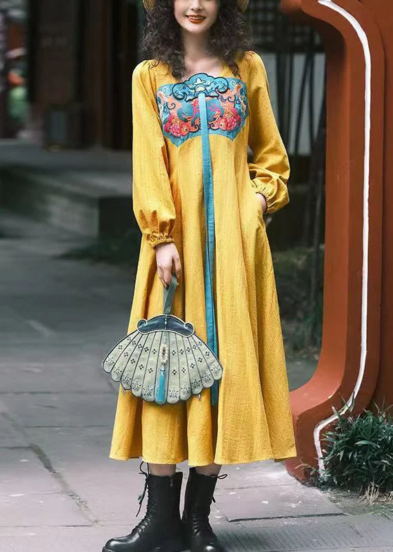 New In This Season Chinese Style Yellow Square Collar Embroideried Cotton Dresses Spring
