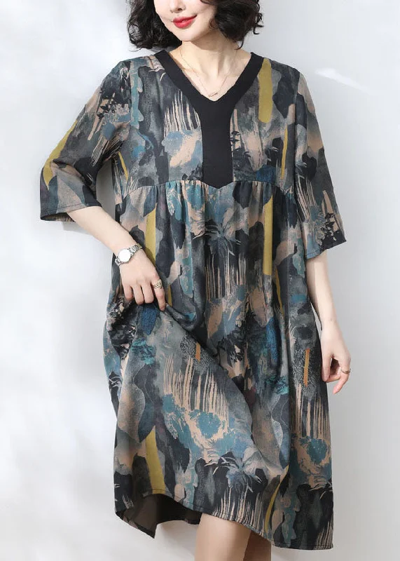 Ends Soon Women Blue V Neck Print Wrinkled Patchwork Silk Dress Summer