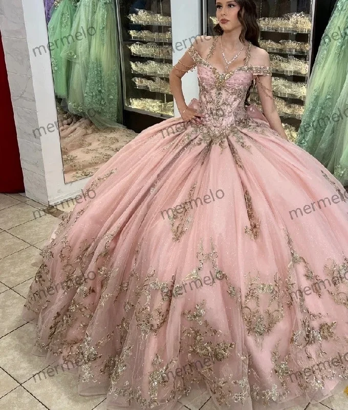 Women's Trendy Outfit Pink Quinceanera Dress Ball Gown Gold Lace Applique Beading Mexican Corset Sweet 16 Women's Trendy Outfit Pink Quinceanera Dress Ball Gown Gold Lace Applique Beading Mexican Corset Sweet 16