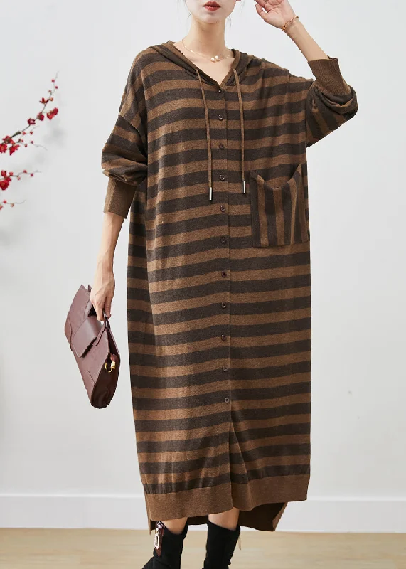 Stylish Women's Outfit Handmade Brown Oversized Striped Cotton Vacation Dresses Spring Stylish Women's Outfit Handmade Brown Oversized Striped Cotton Vacation Dresses Spring