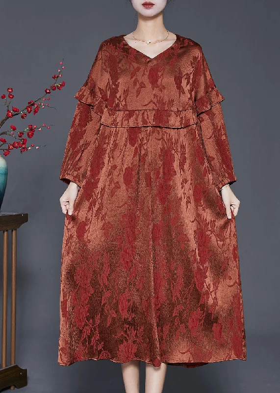 Season Sale Simple Khaki Ruffled Patchwork Silk Holiday Dress Fall