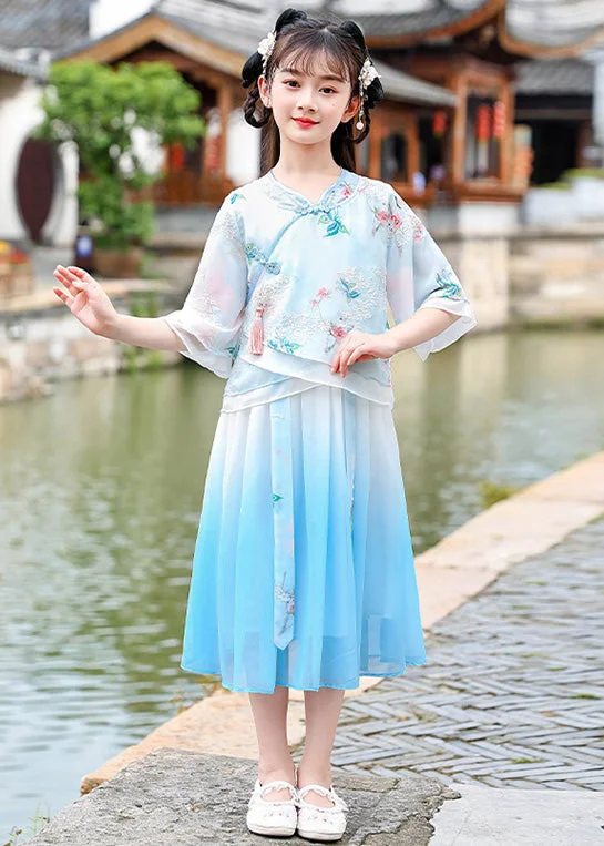 Your Shopping Spree Starts Here Blue Stand Collar Button Chiffon Kids Vacation Dresses Summer