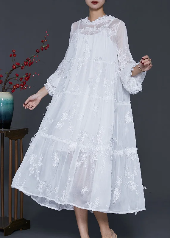 Stupidly Low Prices Handmade White Embroidered Oversized Lace Dresses Flare Sleeve