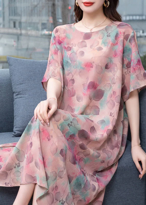 Fashionable Women's Wardrobe Chic light Purple O-Neck Print Patchwork Chiffon Dresses Summer