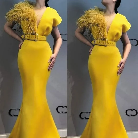 Fashionable Women's Outfit Yellow Evening Dresses Long Deep V Neck Elegant Modest Evening Gown S2443 Fashionable Women's Outfit Yellow Evening Dresses Long Deep V Neck Elegant Modest Evening Gown S2443