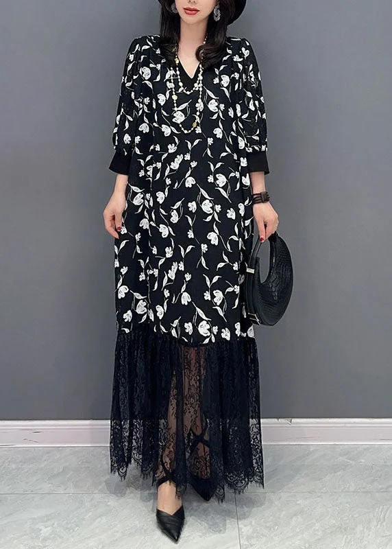 End-Of-Season Clearance Fashion Black V Neck Print Lace Patchwork Cotton Dress Summer End-Of-Season Clearance Fashion Black V Neck Print Lace Patchwork Cotton Dress Summer