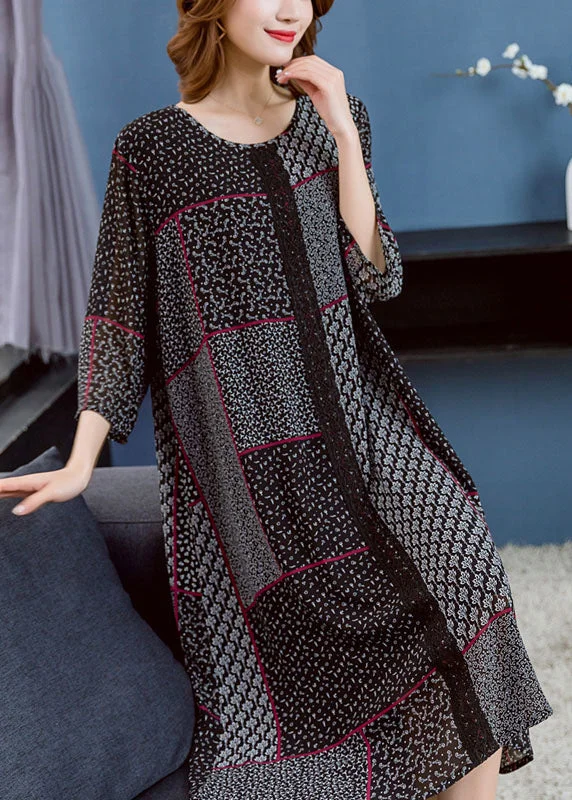 Unmissable Offers On Women's Everyday And Occasion Wear Boho Black O Neck Asymmetrical Design Patchwork Chiffon Dresses Summer