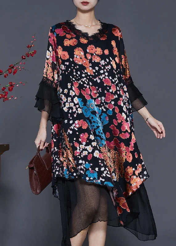 Stylish Outerwear Clothes For Women Fashion Black Asymmetrical Print Silk Dresses Flare Sleeve Stylish Outerwear Clothes For Women Fashion Black Asymmetrical Print Silk Dresses Flare Sleeve