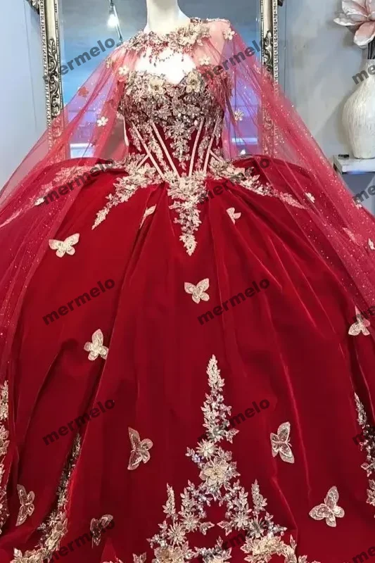 Women's Effortless Casual Outfit Red Gold Butterfly Applique Quinceanera Dresses Beading Off Shoulder Ball Gown With Cape Women's Effortless Casual Outfit Red Gold Butterfly Applique Quinceanera Dresses Beading Off Shoulder Ball Gown With Cape