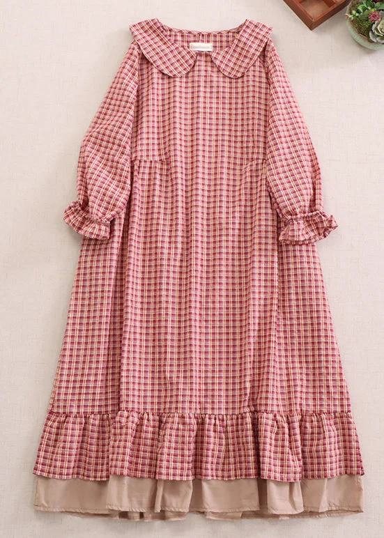 Casual Fashion Beautiful Red Plaid Peter Pan Collar Ruffled Cotton Dresses Spring