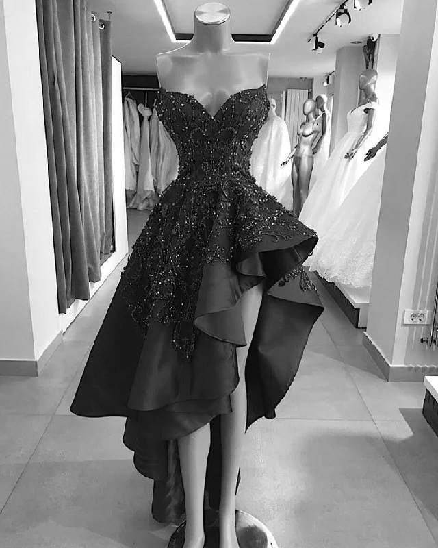 Sale For Women Vintage Black Short High Low Prom Dresses A Line Beaded Appliques Sweetheart Asymmetrical Long Evening Party Gowns S2964 Sale For Women Vintage Black Short High Low Prom Dresses A Line Beaded Appliques Sweetheart Asymmetrical Long Evening Party Gowns S2964