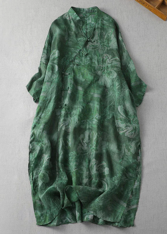 Limited-Stock Clothing Sale – Shop Before It's Too Late Green Print Patchwork Loose Linen Dresses V Neck Side Open Summer