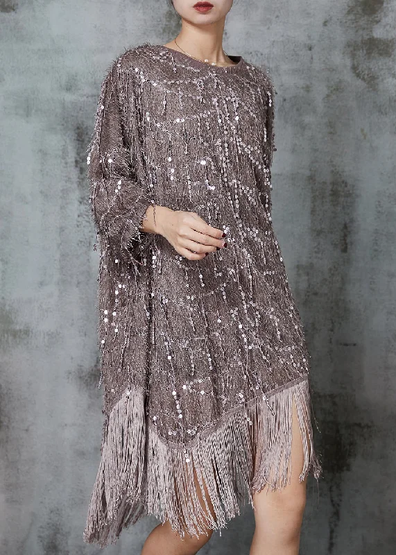 Everyday Fashion Khaki Loose Cotton Dresses Tasseled Sequins Spring