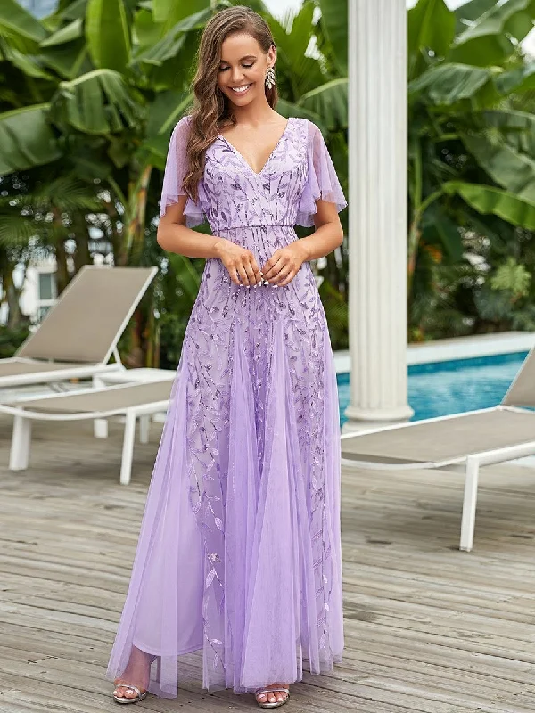 Luxury Women's Clothing Custom Size Romantic Shimmery V Neck Ruffle Sleeves Maxi Long Evening Gowns Luxury Women's Clothing Custom Size Romantic Shimmery V Neck Ruffle Sleeves Maxi Long Evening Gowns