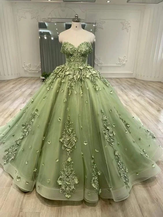 Online Boutiques Clothing Green sweetheart neck tulle lace prom dress, ball gown dress S3021 Online Boutiques Clothing Green sweetheart neck tulle lace prom dress, ball gown dress S3021