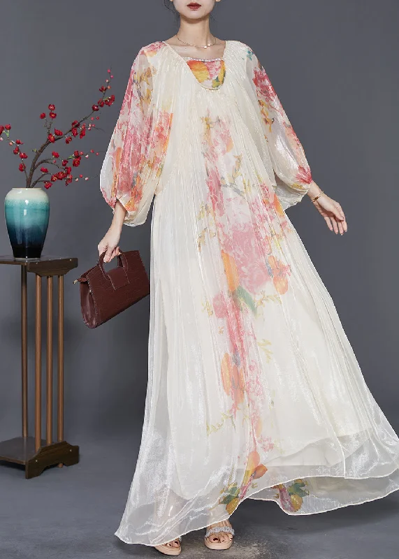 Affordable Luxury – Chic Clothing At Special Prices Elegant Apricot Oversized Print Chiffon Vacation Dresses Lantern Sleeve