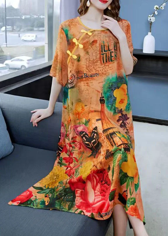 New Styles Just In Women Yellow Print Chinese Button Patchwork Silk Dress Summer