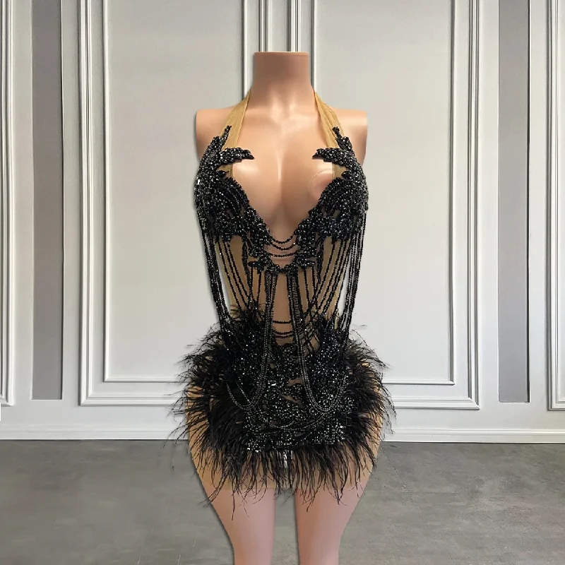 Trendy Boutiques Online Luxury Beaded Tassels Short Formal Prom Party Dress 2024 Sexy Halter Black/Green Feathers African Women Birthday Cocktail Gowns Trendy Boutiques Online Luxury Beaded Tassels Short Formal Prom Party Dress 2024 Sexy Halter Black/Green Feathers African Women Birthday Cocktail Gowns