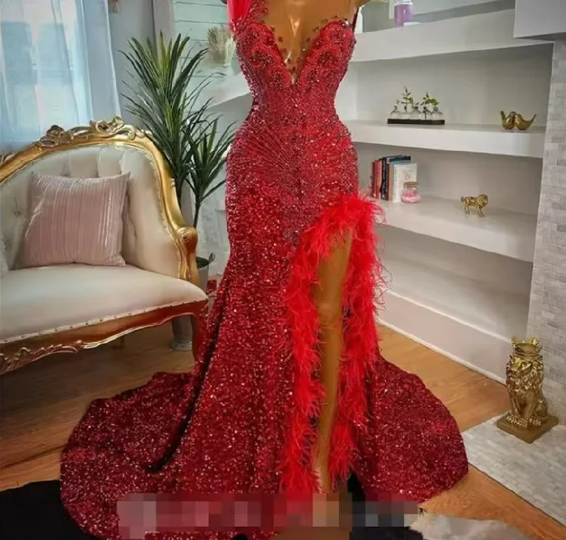 Online Boutiques Red Sequin Evening Dress With Beaded Crystal Spark Feather Prom Gown For Black Girl Sexy Slit Formal Pageant Birthday Customized Online Boutiques Red Sequin Evening Dress With Beaded Crystal Spark Feather Prom Gown For Black Girl Sexy Slit Formal Pageant Birthday Customized