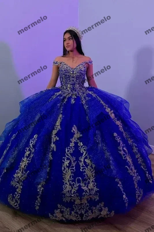 Formal Attire For Women Royal Blue Mexican Quinceanera Dresses Crytals Gold Beading Lace Birthday Party Princess Gown Formal Attire For Women Royal Blue Mexican Quinceanera Dresses Crytals Gold Beading Lace Birthday Party Princess Gown