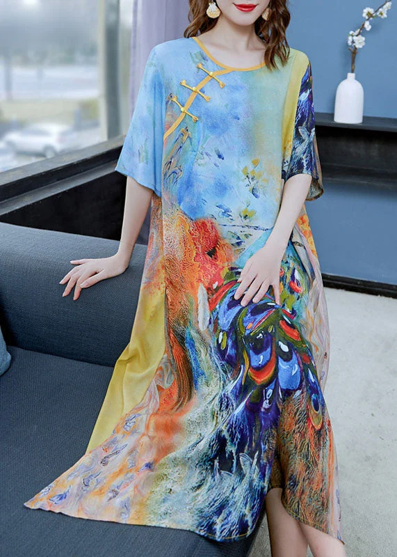 Women's Comfortable Apparel Chinese Style Peacock Blue O Neck Patchwork Chiffon Dress Summer