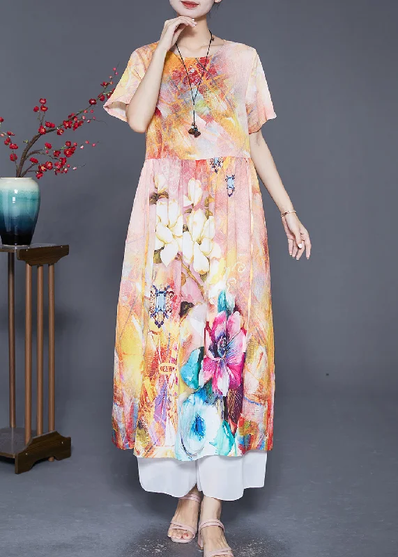 Modern Women's Styles At Wallet-Friendly Prices Beige Print Linen Robe Dresses Oversized Low High Design Summer Modern Women's Styles At Wallet-Friendly Prices Beige Print Linen Robe Dresses Oversized Low High Design Summer