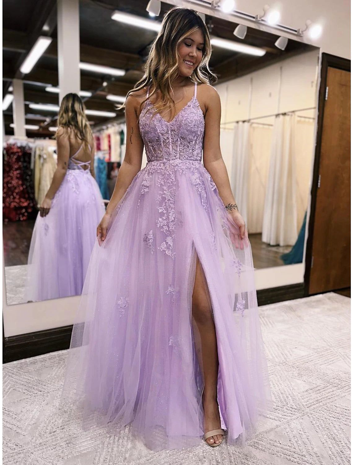 Chic Women's Clothing Online A-Line Evening Gown Open Back Dress Formal Floor Length Sleeveless V Neck Tulle Backless with Beading Slit Appliques Chic Women's Clothing Online A-Line Evening Gown Open Back Dress Formal Floor Length Sleeveless V Neck Tulle Backless with Beading Slit Appliques