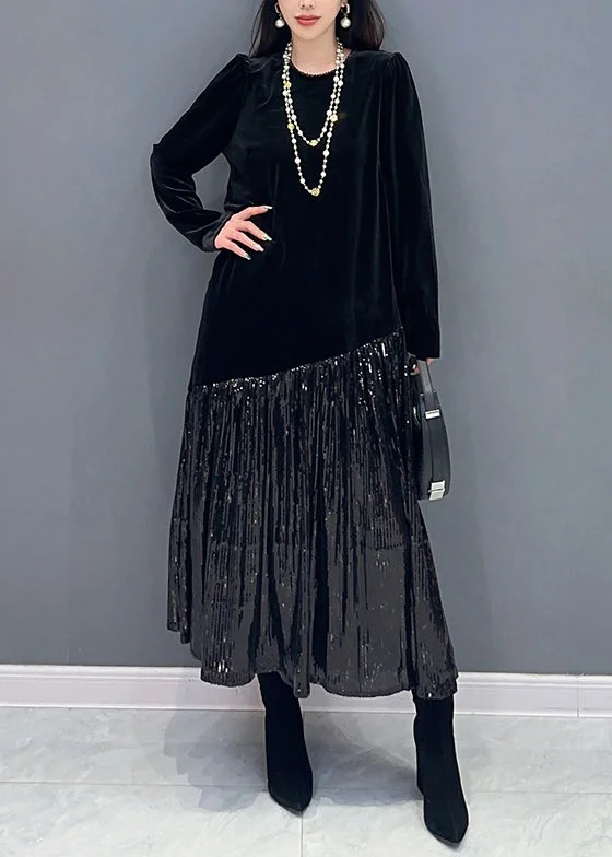 Women's Clothes For Outdoor Events Black Wrinkled Patchwork Silk Velvet Dresses O Neck Spring Women's Clothes For Outdoor Events Black Wrinkled Patchwork Silk Velvet Dresses O Neck Spring
