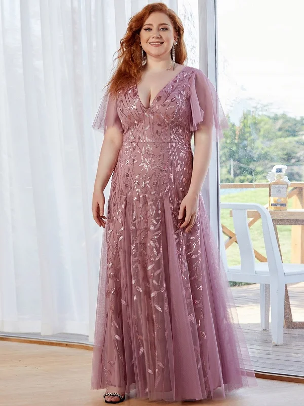 Formal Clothing For Women Plus Size Deep V Neck Wholesale Sequin Evening Gown With Short Sleeves Formal Clothing For Women Plus Size Deep V Neck Wholesale Sequin Evening Gown With Short Sleeves