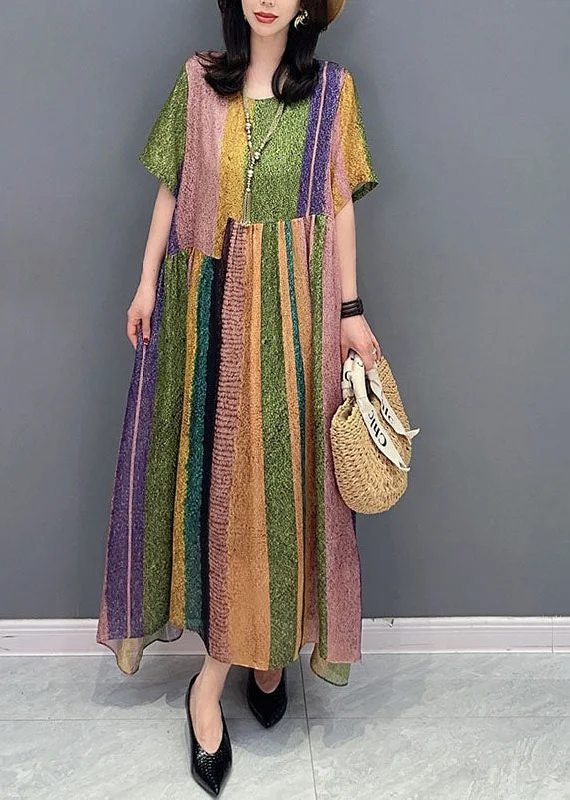 Seasonal Picks French Colorblock O Neck Wrinkled Patchwork Silk Dress Summer