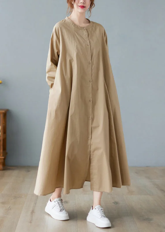 Affordable Elegance – Best Deals On Women's Fashion French Khaki O Neck Button Long Cotton Shirts Dresses Spring