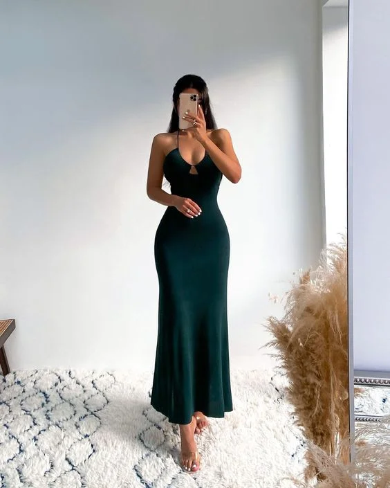 Women's Comfortable Lounge Attire Dark Green Long Prom Dresses Evening Gown    S2392