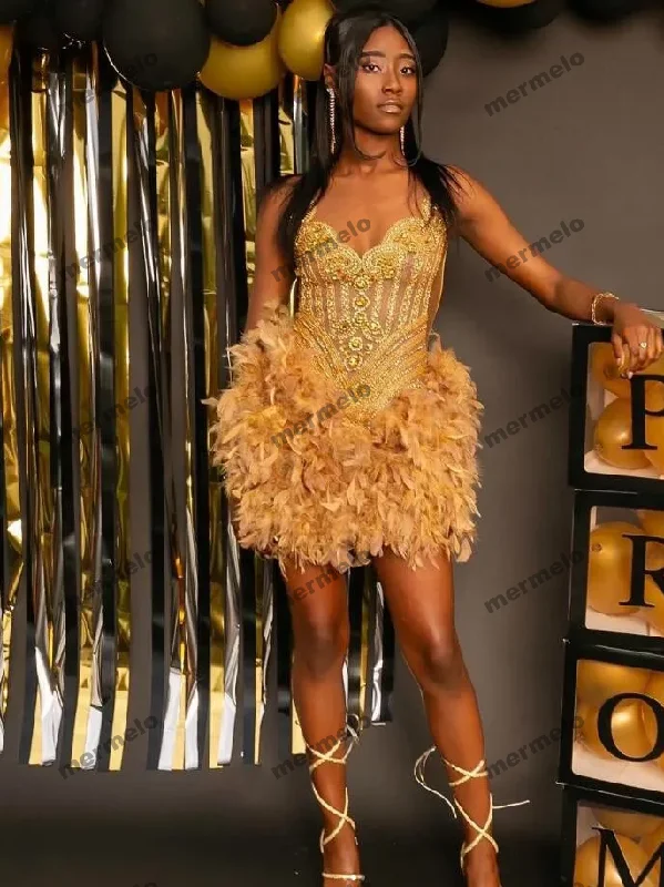 Online Impressions Boutique Gold Sparkly Short Prom Homecoming Dresses for Black Girl Luxury Diamond Crystal Feather Birthday gala cocktail gown Online Impressions Boutique Gold Sparkly Short Prom Homecoming Dresses for Black Girl Luxury Diamond Crystal Feather Birthday gala cocktail gown
