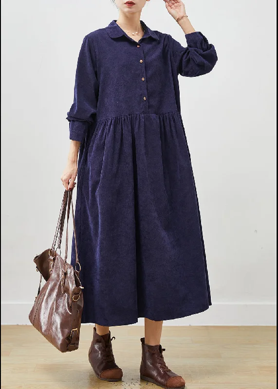 Limited-Stock Sale – Stylish Outfits At Lower Prices Navy Loose Corduroy Holiday Dresses Peter Pan Collar Pockets Spring Limited-Stock Sale – Stylish Outfits At Lower Prices Navy Loose Corduroy Holiday Dresses Peter Pan Collar Pockets Spring