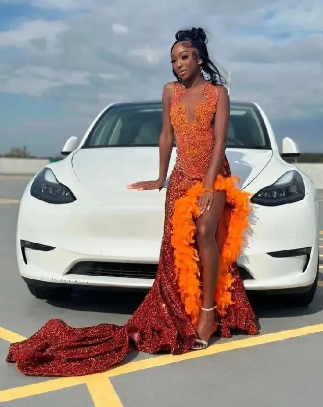 Comfy Women's Outfits for Daily Wear Orange Sparkly Long Evening Birthday Dresses for Black Girl 2024 Gillter Diamond Feather Velvet Prom Gown vestidos de gala Comfy Women's Outfits for Daily Wear Orange Sparkly Long Evening Birthday Dresses for Black Girl 2024 Gillter Diamond Feather Velvet Prom Gown vestidos de gala