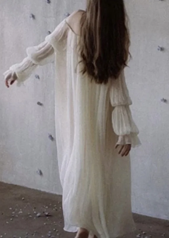 Stylish Basics Women White O-Neck Solid Chiffon Dress Petal Sleeve