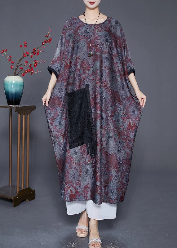 Daily Deals Elegant Blue Grey Oversized Patchwork Tassel Silk Dresses Batwing Sleeve Daily Deals Elegant Blue Grey Oversized Patchwork Tassel Silk Dresses Batwing Sleeve