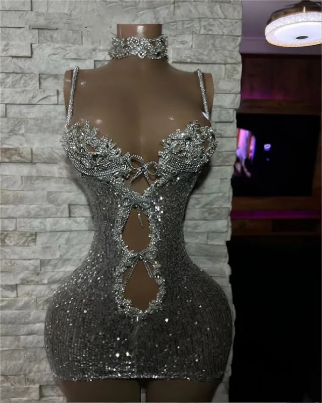 Chic Women's Clothing for Work and Travel Luxury Silver Crystals Spaghetti Short Prom Dress African Glitter Sequin Mermaid Mini Cocktail Party Gown See Thru robe de bal Chic Women's Clothing for Work and Travel Luxury Silver Crystals Spaghetti Short Prom Dress African Glitter Sequin Mermaid Mini Cocktail Party Gown See Thru robe de bal
