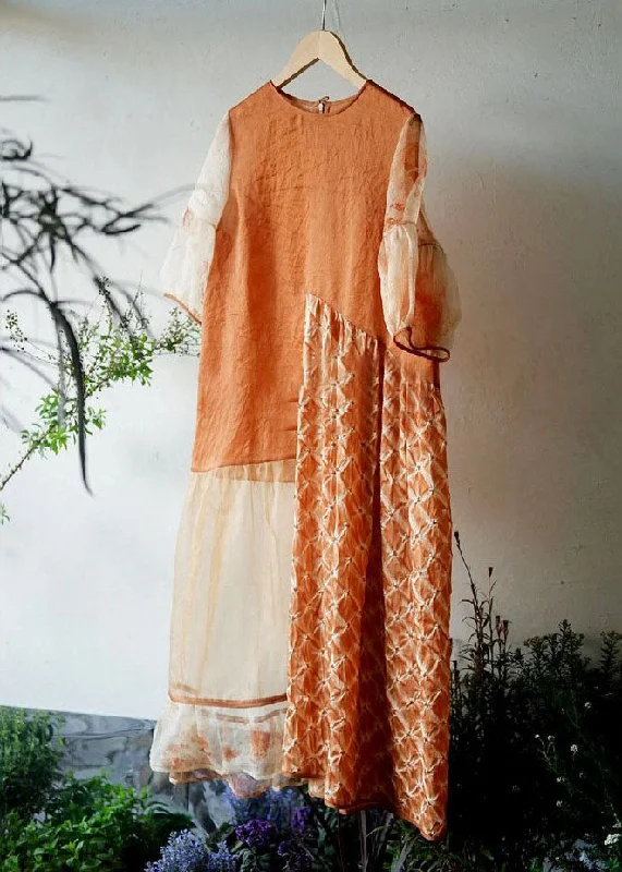 Comfortable Casual Women's Clothing Handmade Orange O Neck Wrinkled Patchwork Cotton Dress Summer Comfortable Casual Women's Clothing Handmade Orange O Neck Wrinkled Patchwork Cotton Dress Summer