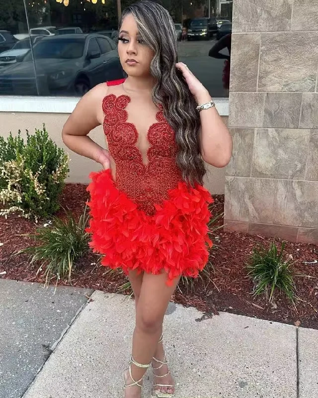 Women's Resort Attire Red Luxury Short Prom Homecoming Dresses Sparkly Diamond Crystal Feather Birthday Party Gown robe de soirée de luxe 2024
