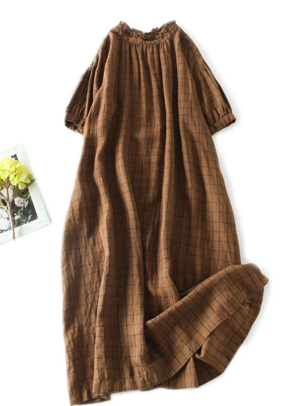Athleisure Style Sale Coffee Plaid Patchwork Linen Dress Ruffled Button Summer