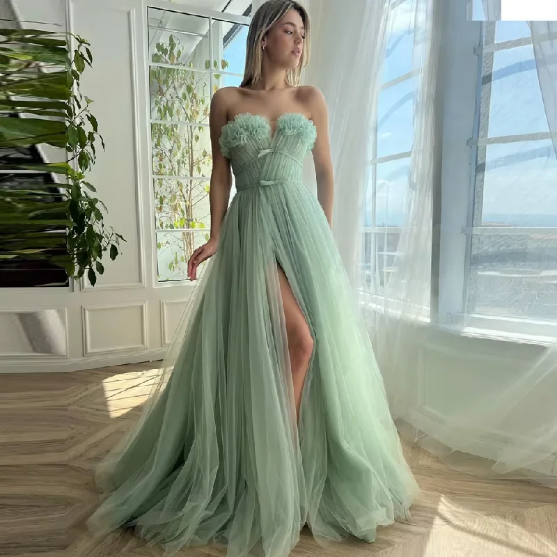 Women's Classic Attire Unique Mesh Flowers Long Prom Dresses Sexy High Slit Tulle Puffy Women Summer Party Dress Elegant Mesh Puffy Brithday Gowns Women's Classic Attire Unique Mesh Flowers Long Prom Dresses Sexy High Slit Tulle Puffy Women Summer Party Dress Elegant Mesh Puffy Brithday Gowns