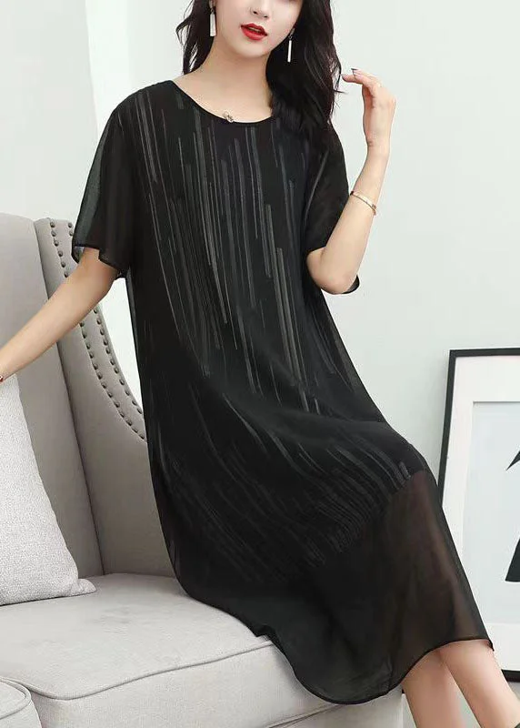 Latest Trends Fashion Black O Neck Striped Patchwork Chiffon Dress Summer