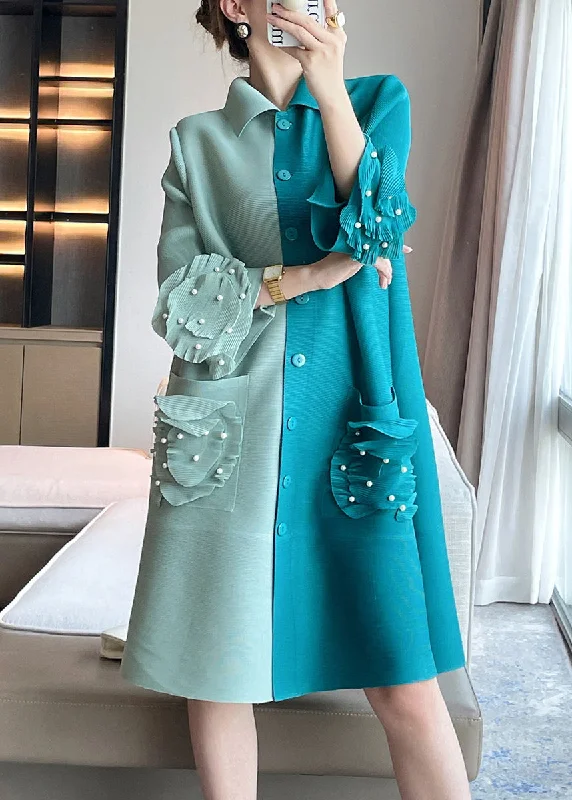 Trendy Casual Outfits Stylish Green Wrinkled Nail Bead Patchwork Cotton Mid Dresses Butterfly Sleeve