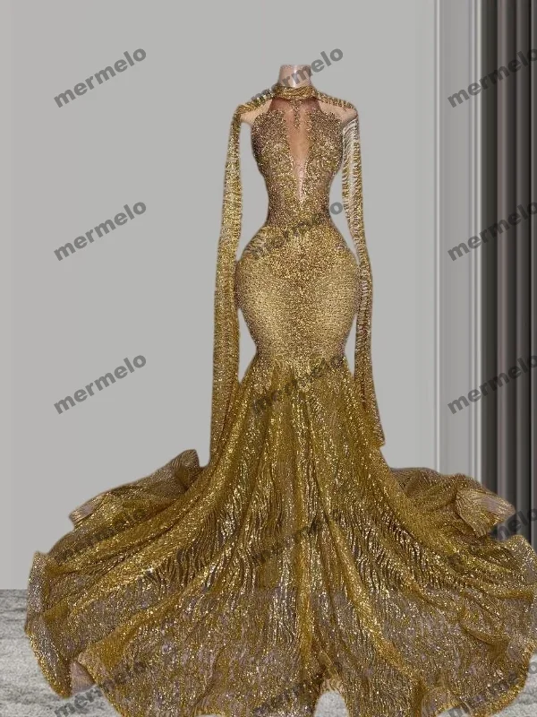 Exclusive Online Sale Gold Mermaid Prom Awards Show Dress with Cape Cloak Crystal Beaded Sequins Glitter Mesh Red Carpet Gown For Women Exclusive Online Sale Gold Mermaid Prom Awards Show Dress with Cape Cloak Crystal Beaded Sequins Glitter Mesh Red Carpet Gown For Women
