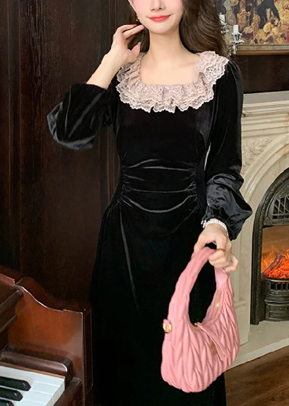 Women's Luxury Apparel French Black Square Collar Lace Slim Fit Velvet Dresses Spring Women's Luxury Apparel French Black Square Collar Lace Slim Fit Velvet Dresses Spring