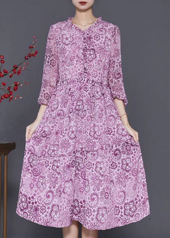 Limited-Stock Sale – Stylish Outfits At Lower Prices Handmade Purple Ruffled Print Chiffon Cinched Dresses Spring Limited-Stock Sale – Stylish Outfits At Lower Prices Handmade Purple Ruffled Print Chiffon Cinched Dresses Spring