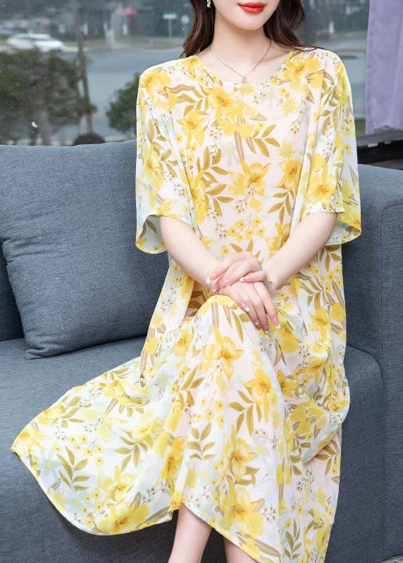 Must-Have Clothing Styles Now At Incredible Discounts French Yellow O Neck Print Patchwork Chiffon Mid Dresses Summer